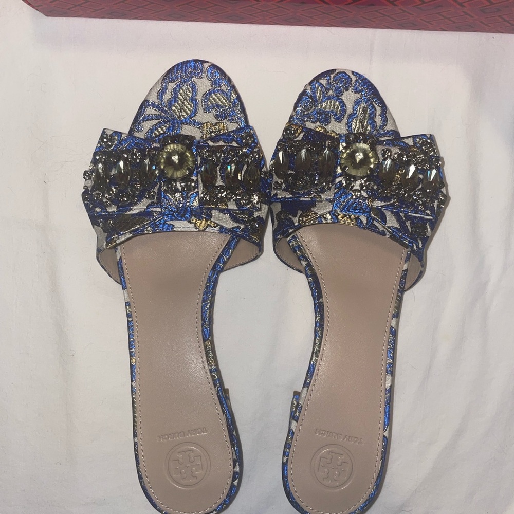 Tory Burch Blue and Beige Sandals